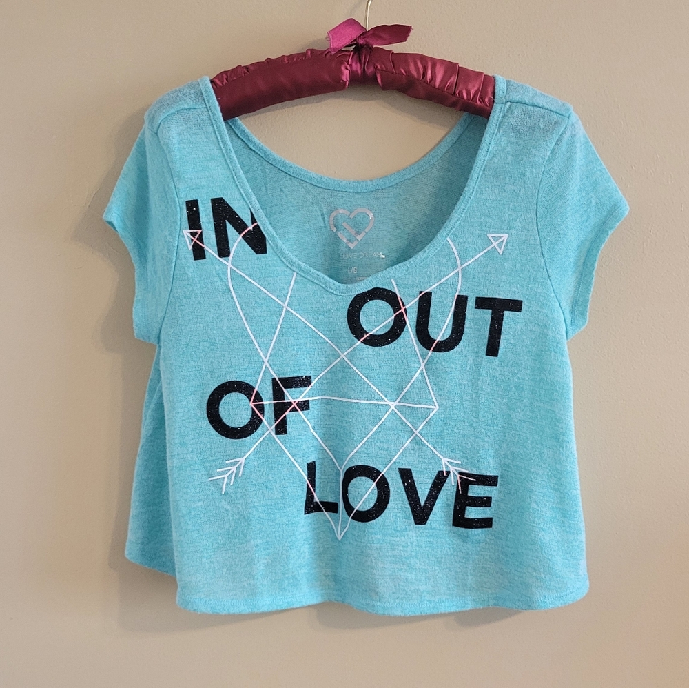 Aeropostale | Greenish Blue Graphic Glitter Deep Neck Cropped Tee